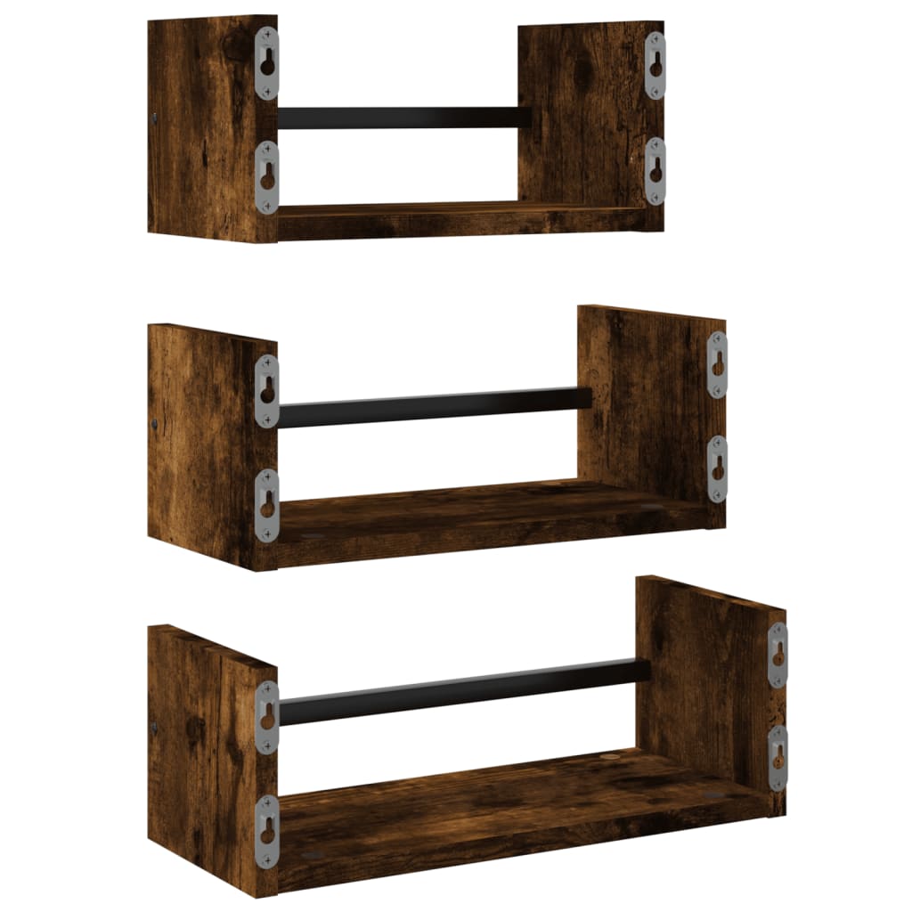 3 Piece Wall Shelf Set with Bars Smoked Oak Engineered wood