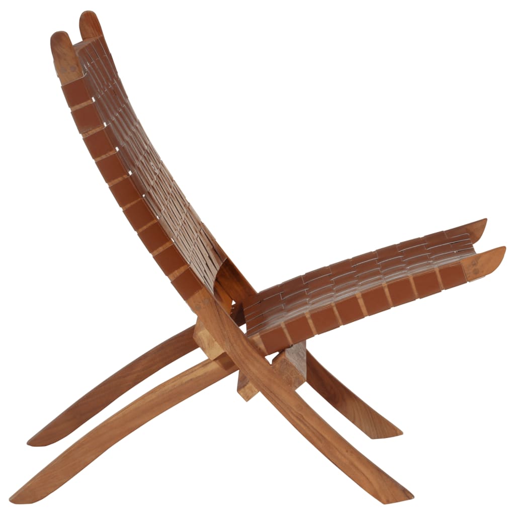 Folding Relaxing Chair Brown Real Leather