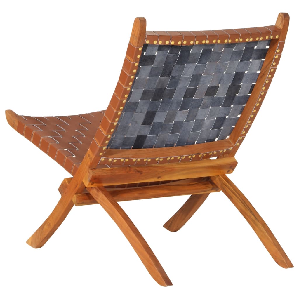 Folding Relaxing Chair Brown Real Leather
