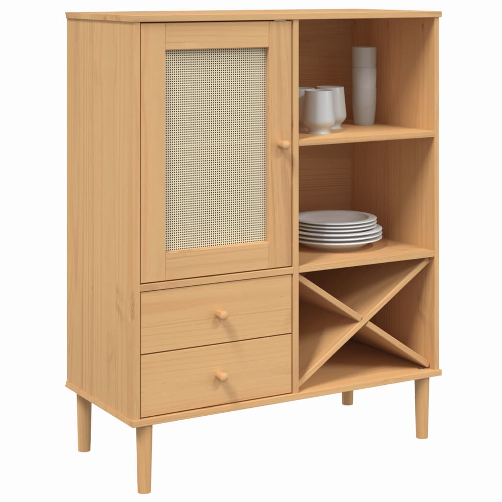 Highboard SENJA Rattan Look Brown 90x40x112cm Solid Wood Pine