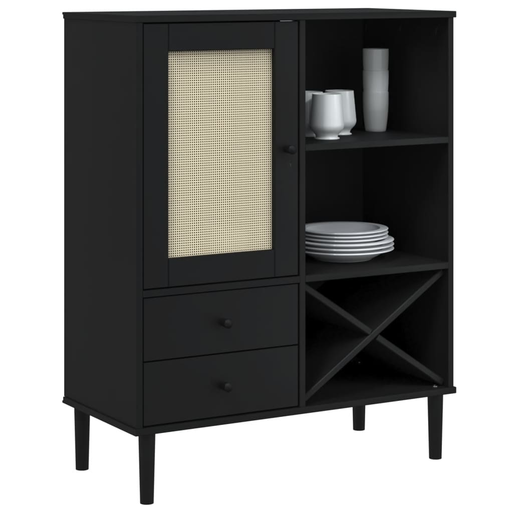 Highboard SENJA Rattan Look Black 90x40x112cm Solid Wood Pine
