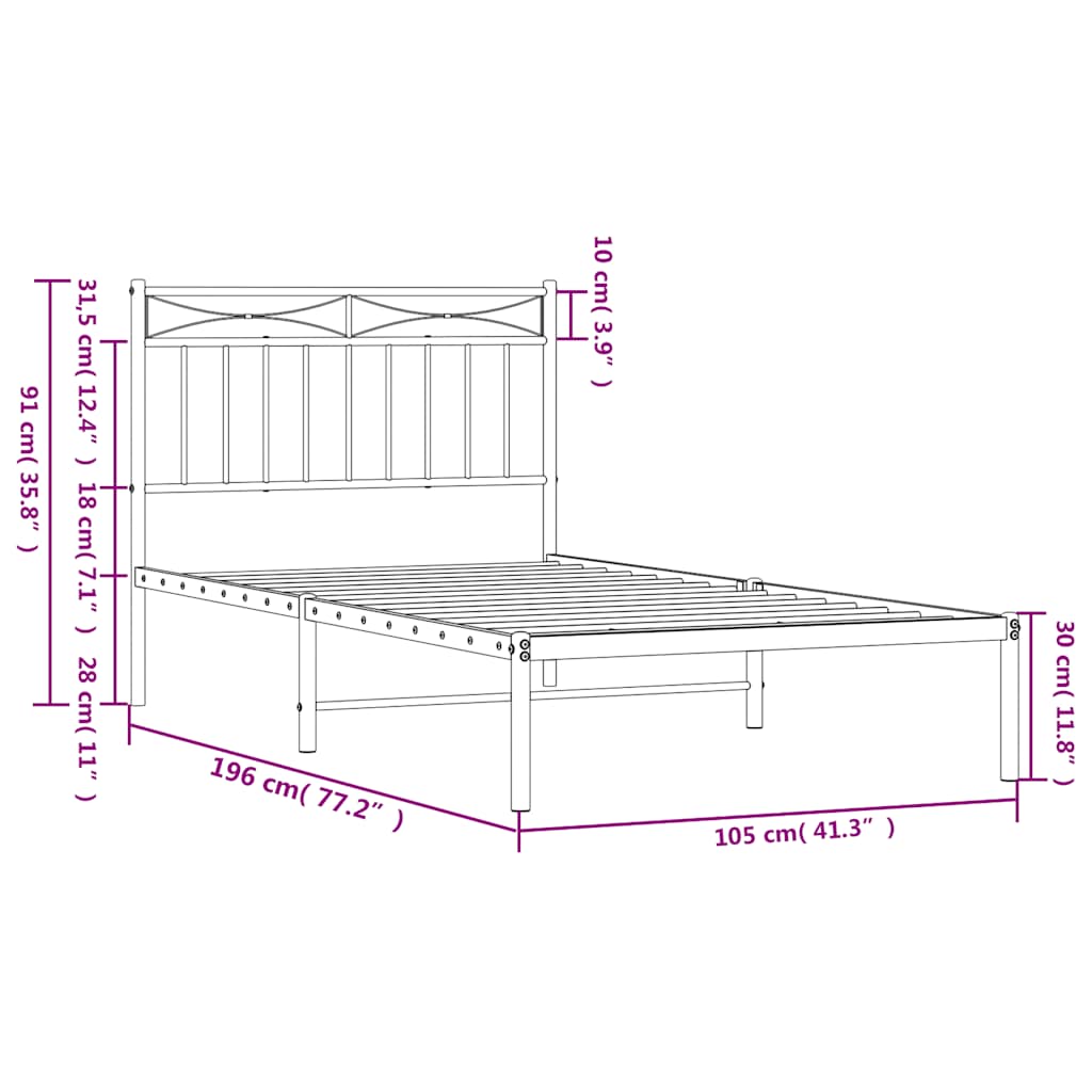 Metal Bed Frame without Mattress with Headboard Black 100x190cm