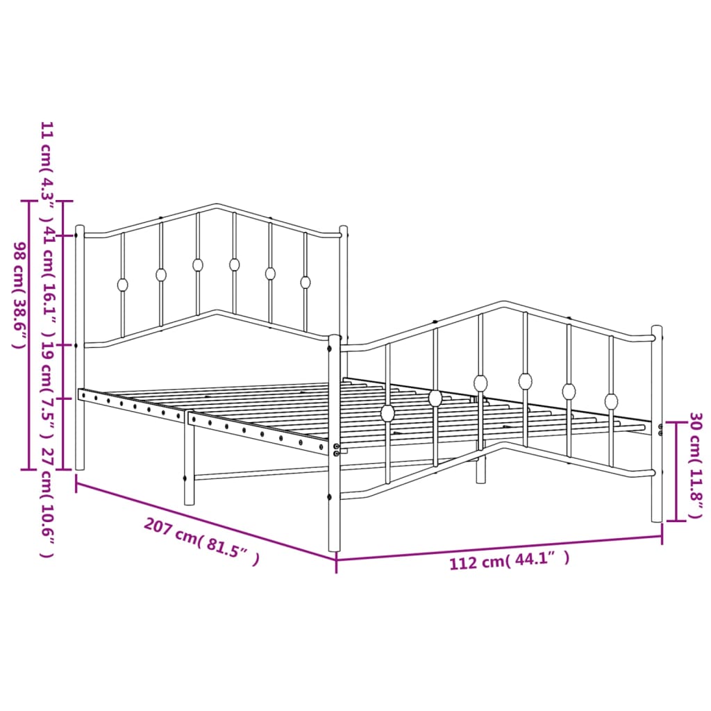Metal Bed Frame without Mattress with Footboard Black 107x203cm
