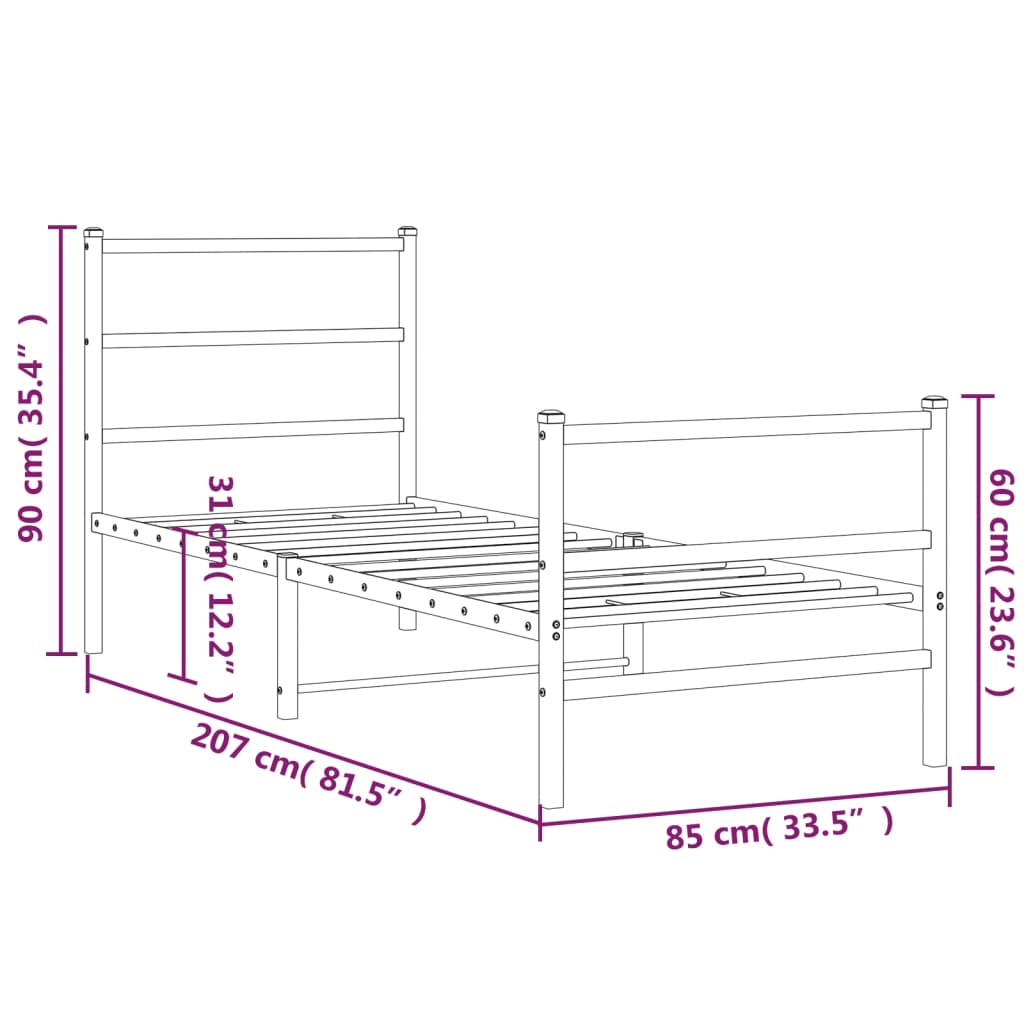 Metal Bed Frame without Mattress with Footboard White 80x200cm