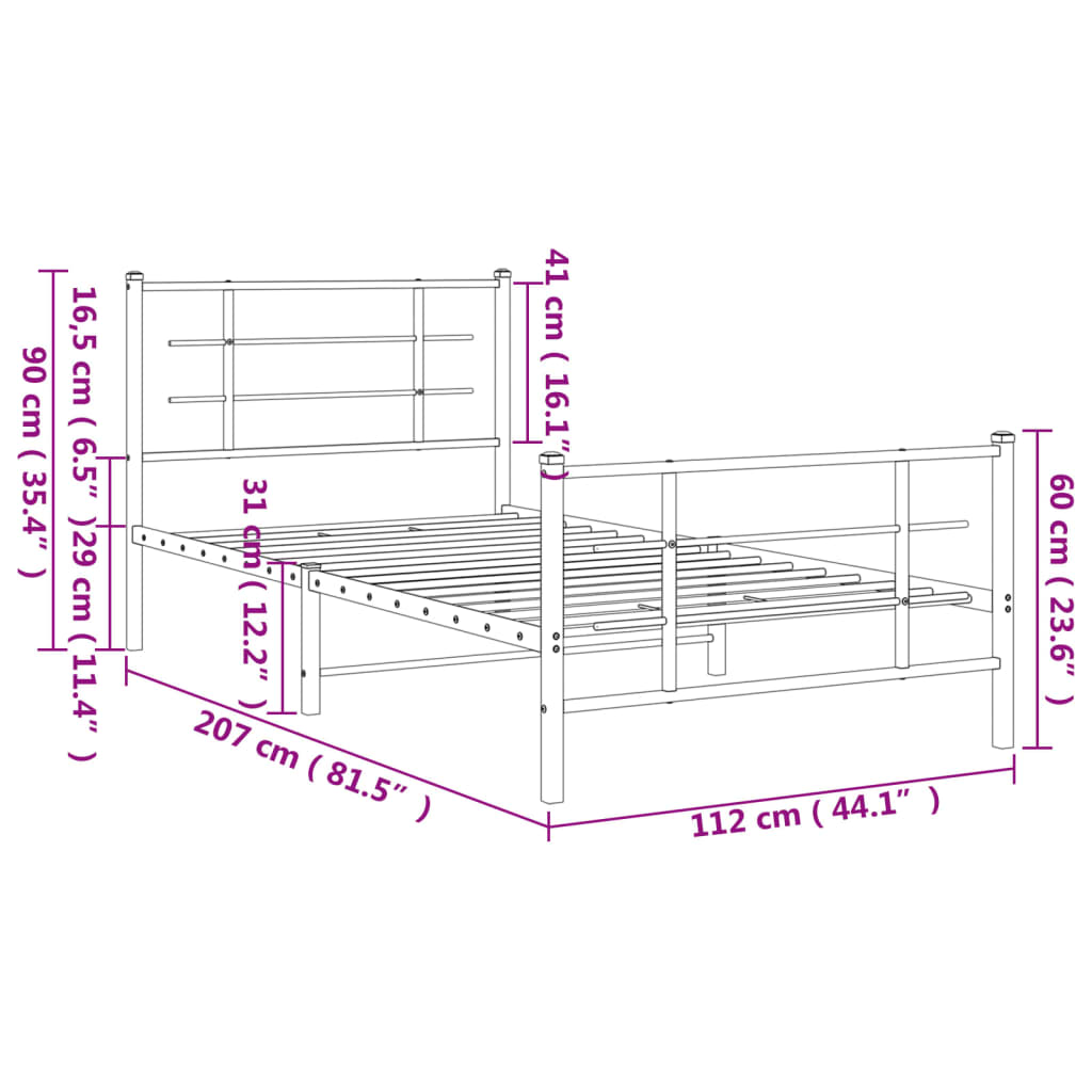 Metal Bed Frame without Mattress with Footboard White 107x203cm