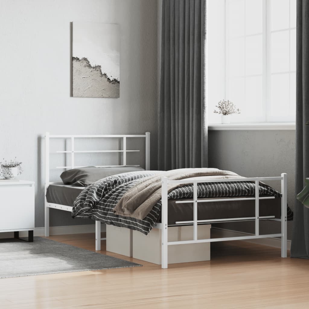 Metal Bed Frame without Mattress with Footboard White 107x203cm