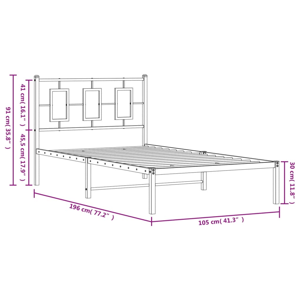 Metal Bed Frame without Mattress with Headboard Black 100x190cm