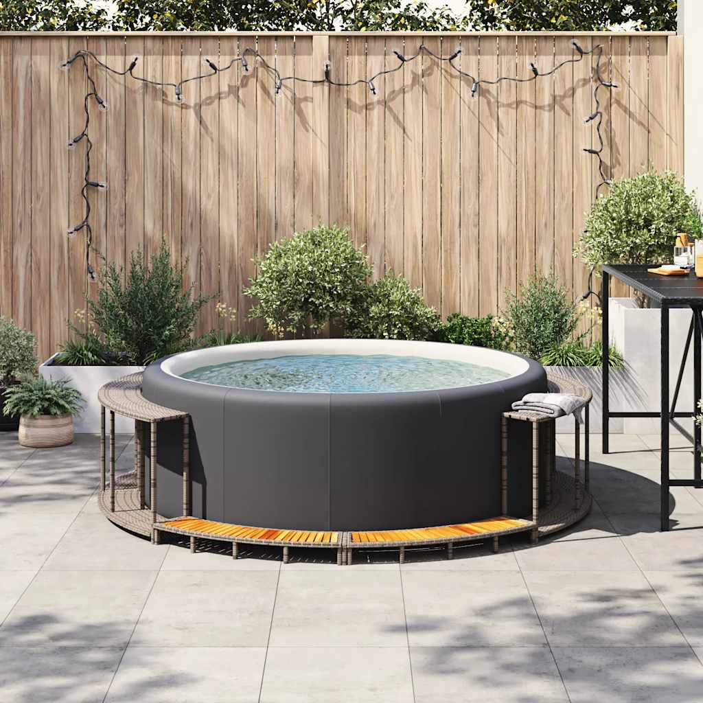 Hot Tub Surround with Storage and Wooden Step Grey Poly Rattan