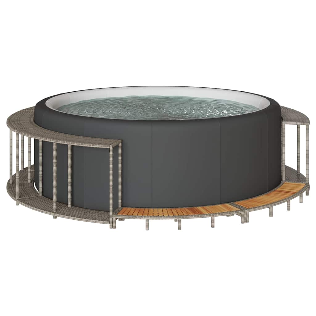 Hot Tub Surround with Storage and Wooden Step Grey Poly Rattan