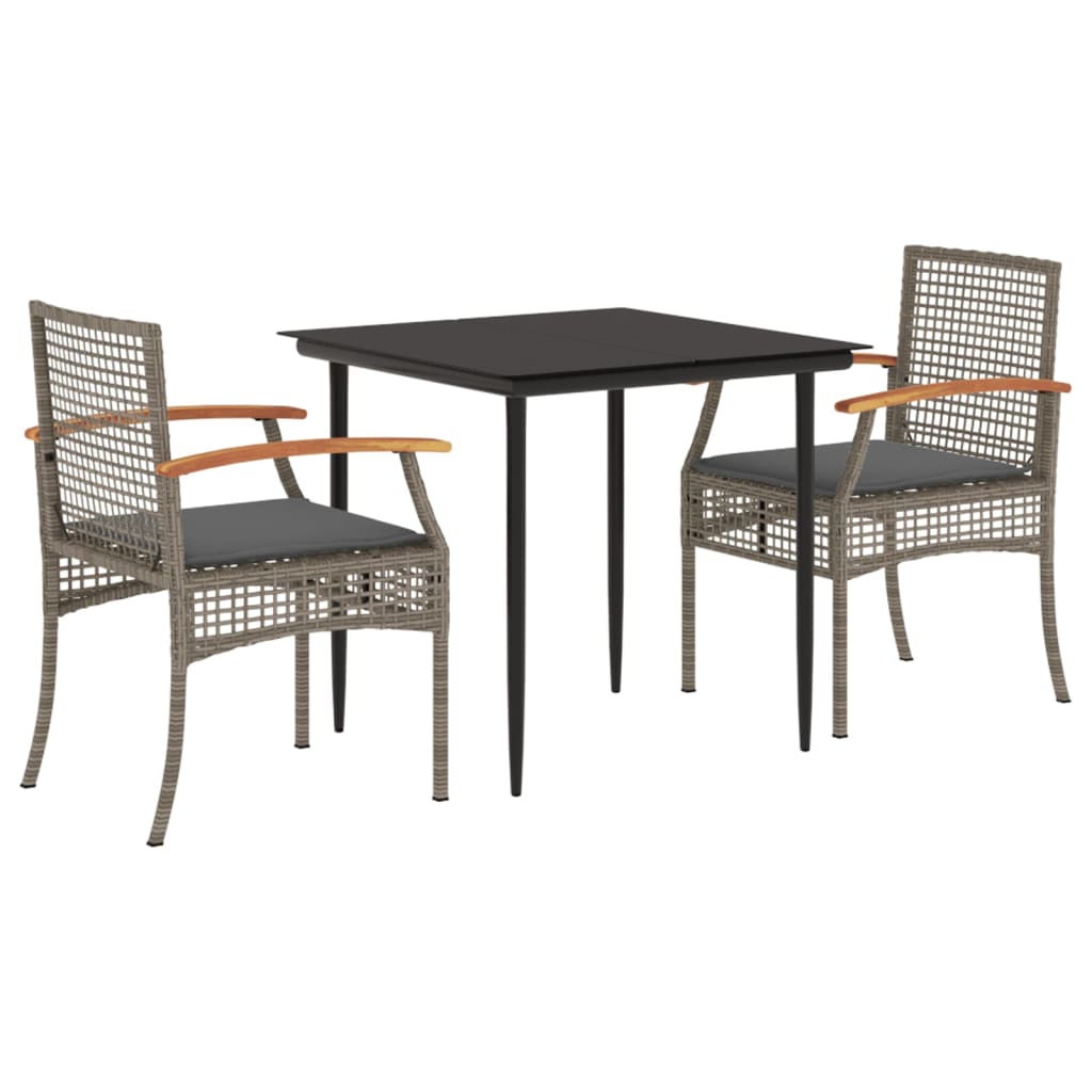 3 Piece Garden Dining Set with Cushions Grey Poly Rattan
