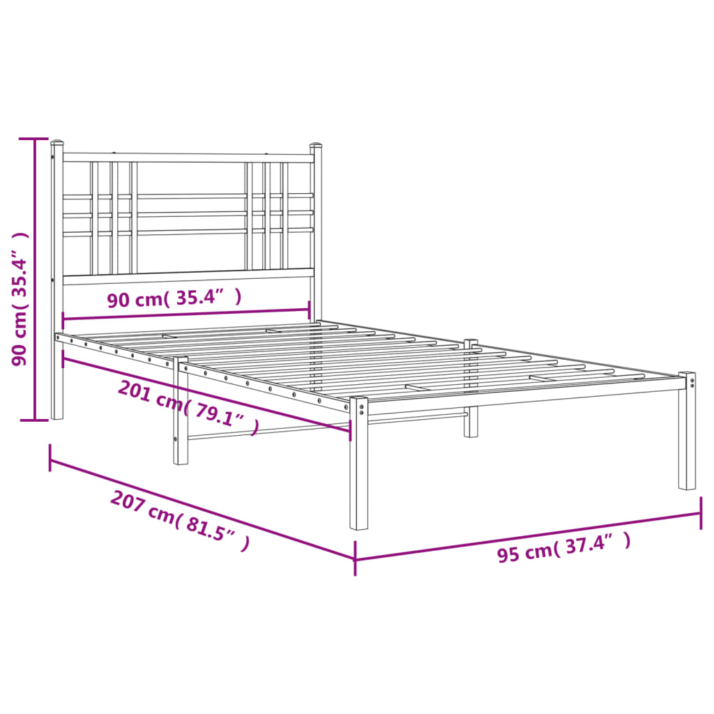 Metal Bed Frame without Mattress with Headboard Black 90x200cm