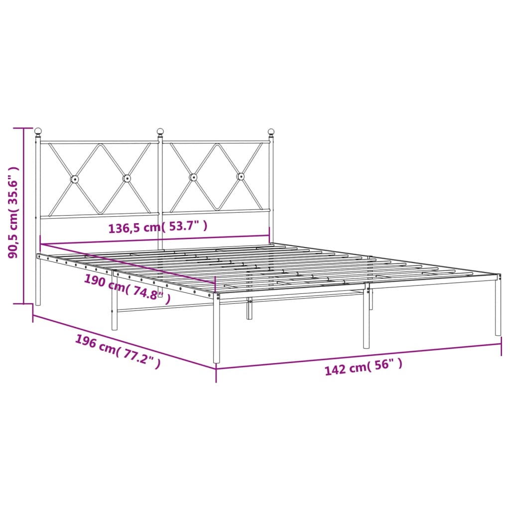 Metal Bed Frame without Mattress with Headboard Black 135x190cm