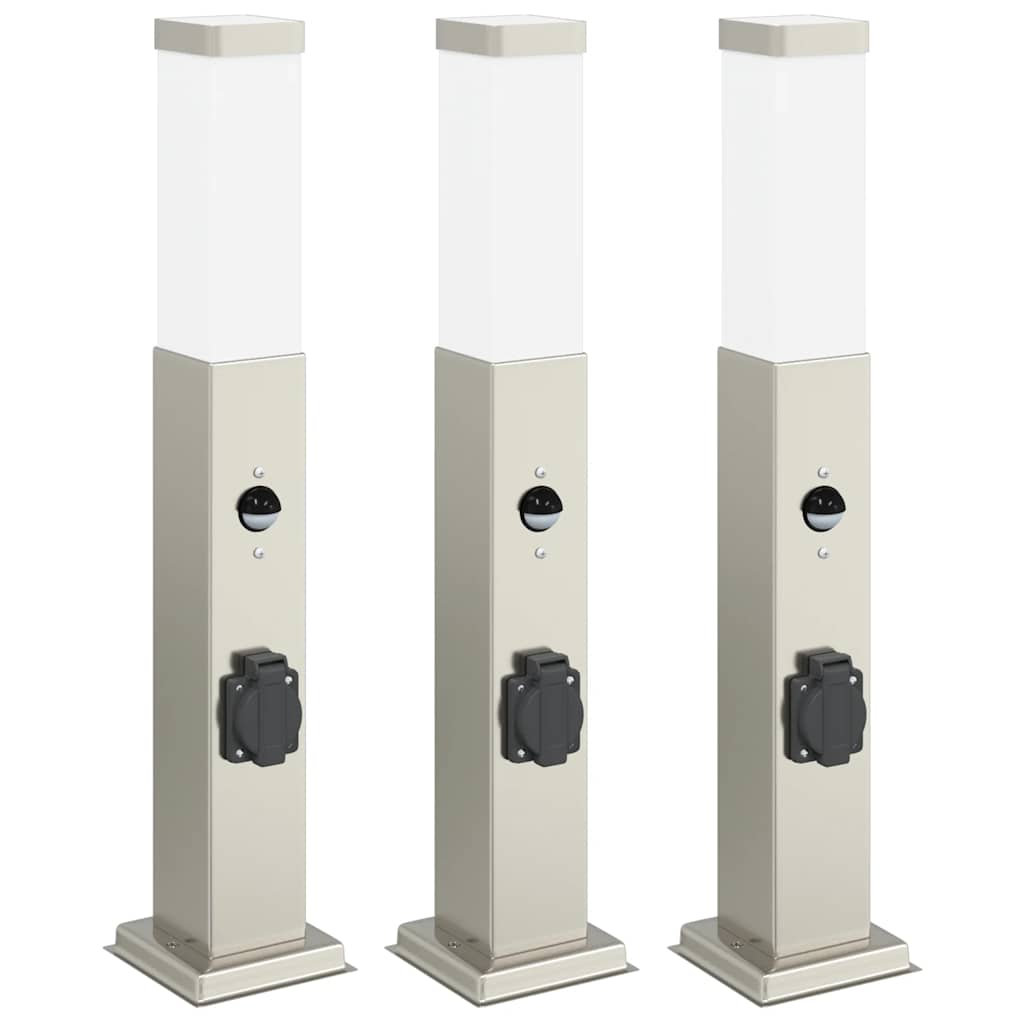 Bollard Lights with Sensor&Outlet 3 pcs 50 cm Stainless Steel IP44