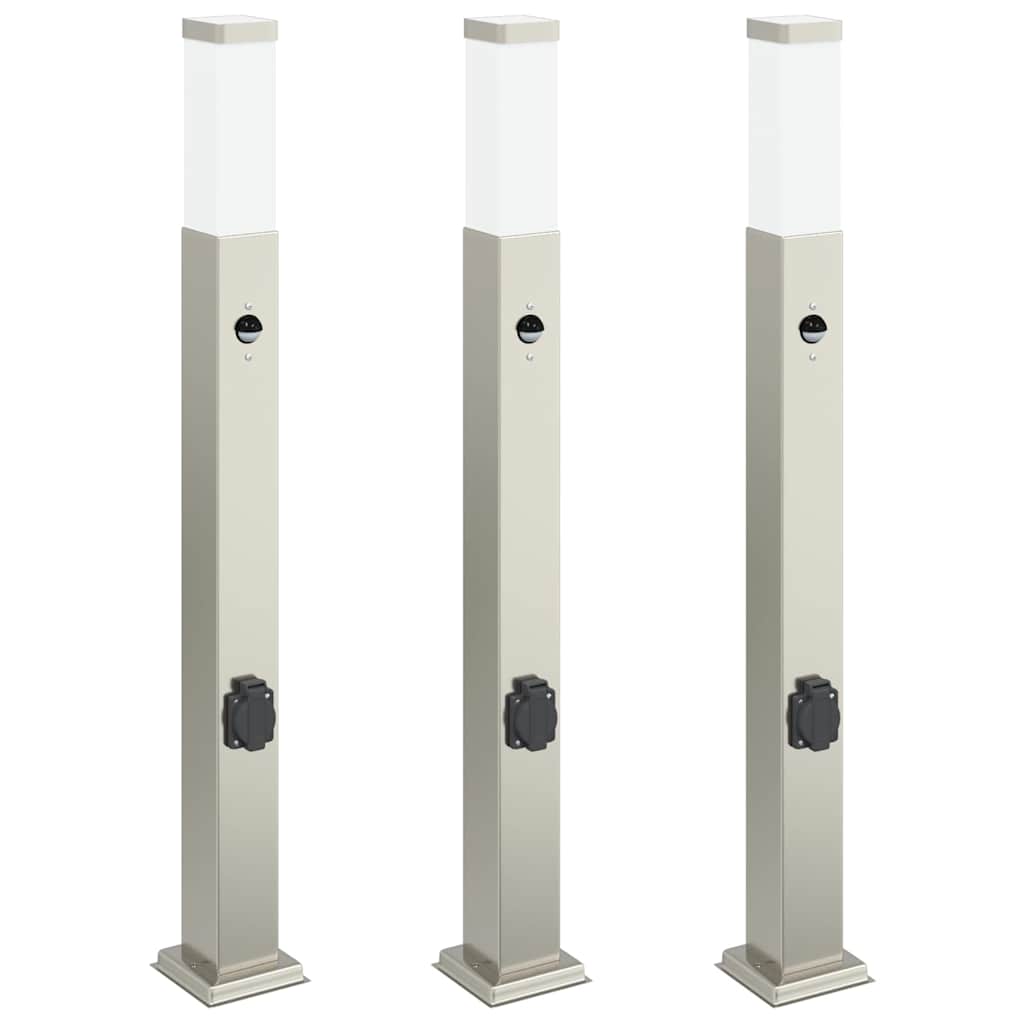 Bollard Lights with Sensor&Outlet 3 pcs 80 cm Stainless Steel IP44