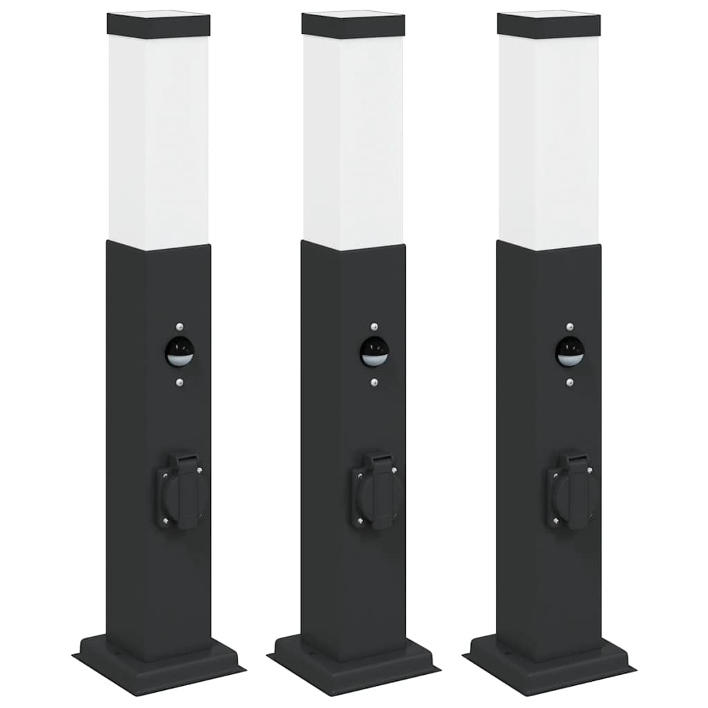 Bollard Lights with Sensor&Outlet 3 pcs 50 cm Black IP44