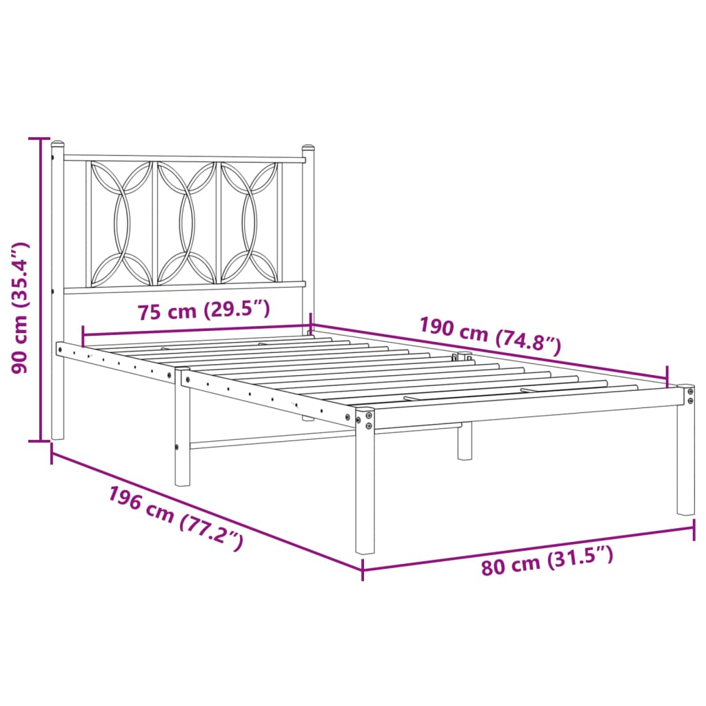 Metal Bed Frame without Mattress with Headboard Black 75x190cm