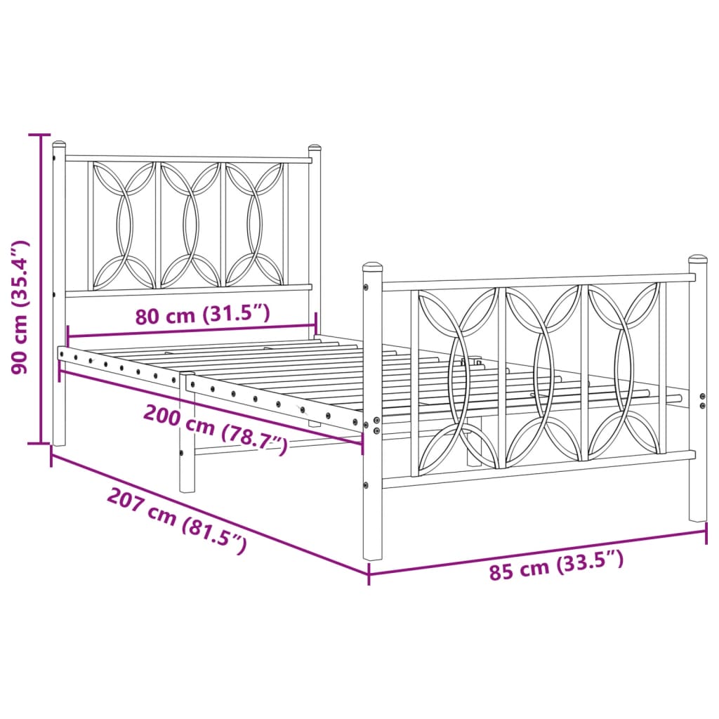 Metal Bed Frame without Mattress with Footboard Black 80x200cm