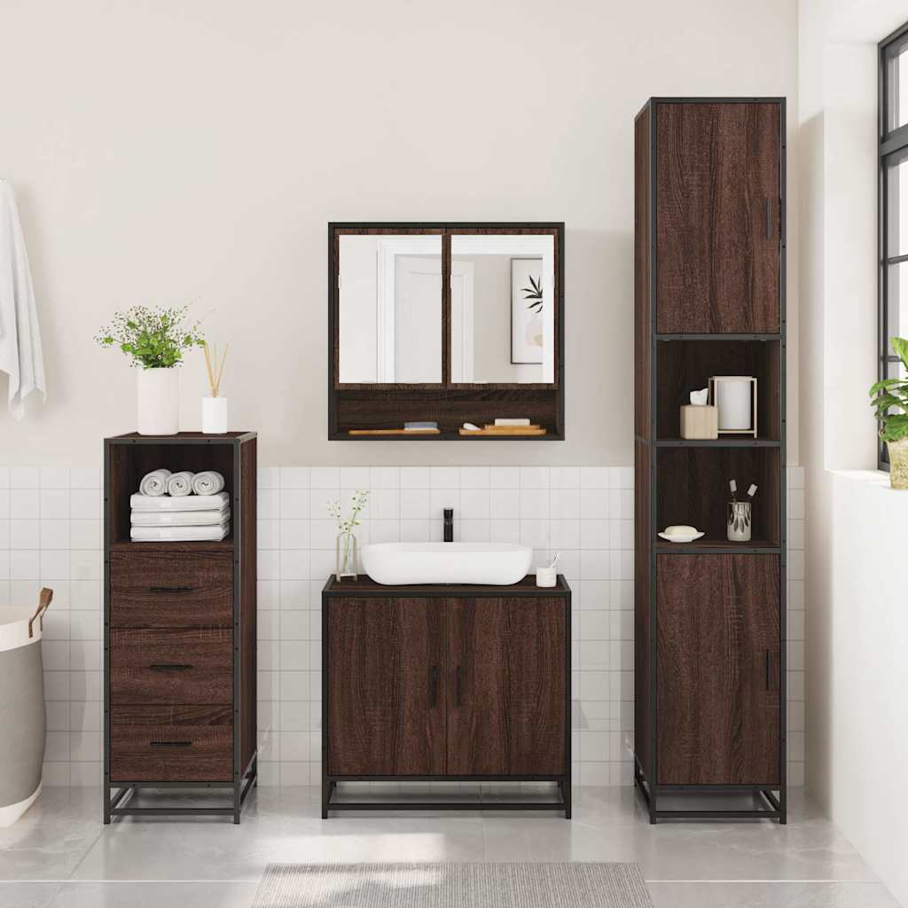 3 Piece Bathroom Furniture Set Brown Oak Engineered Wood