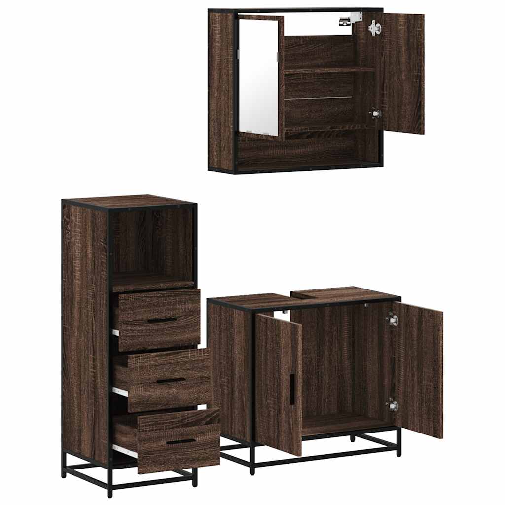 3 Piece Bathroom Furniture Set Brown Oak Engineered Wood