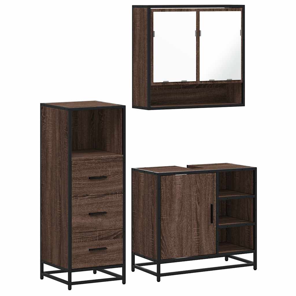 3 Piece Bathroom Furniture Set Brown Oak Engineered Wood