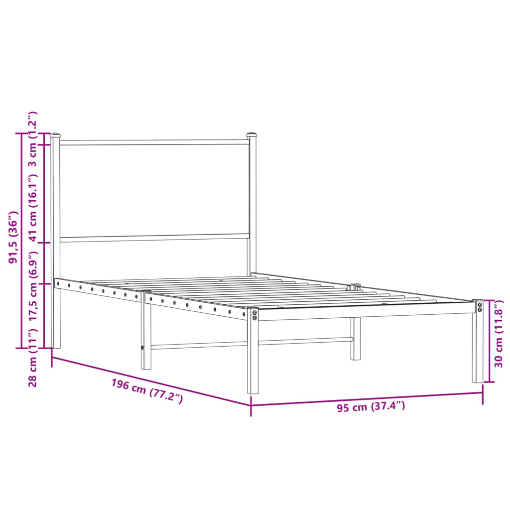 Metal Bed Frame without Mattress Sonoma Oak 90x190 cm Single