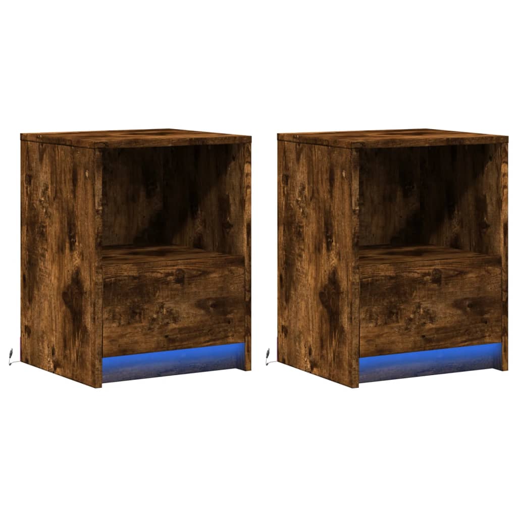 Bedside Cabinets with LED Lights 2 pcs Smoked Oak Engineered Wood