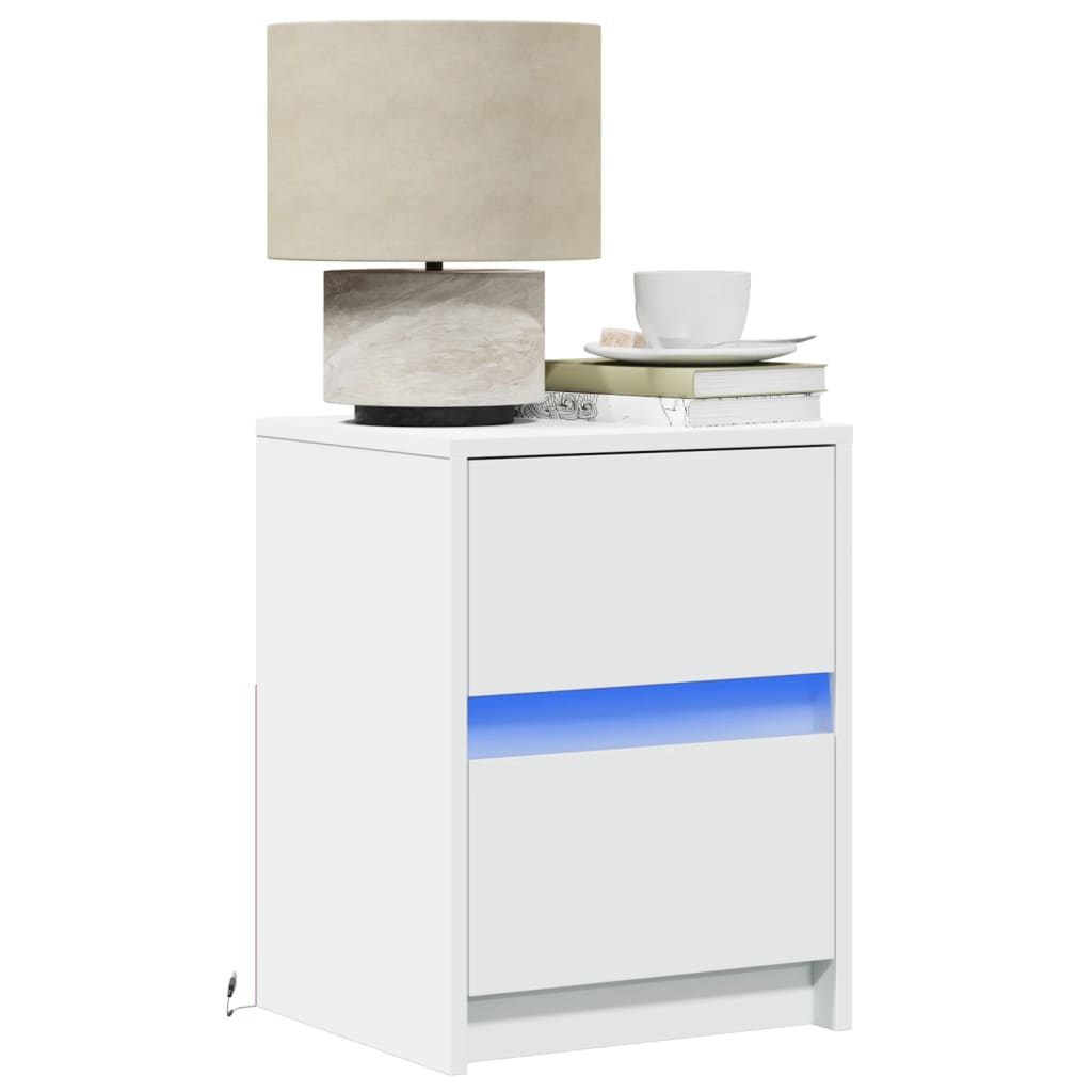 Bedside Cabinet with LED Lights White Engineered Wood