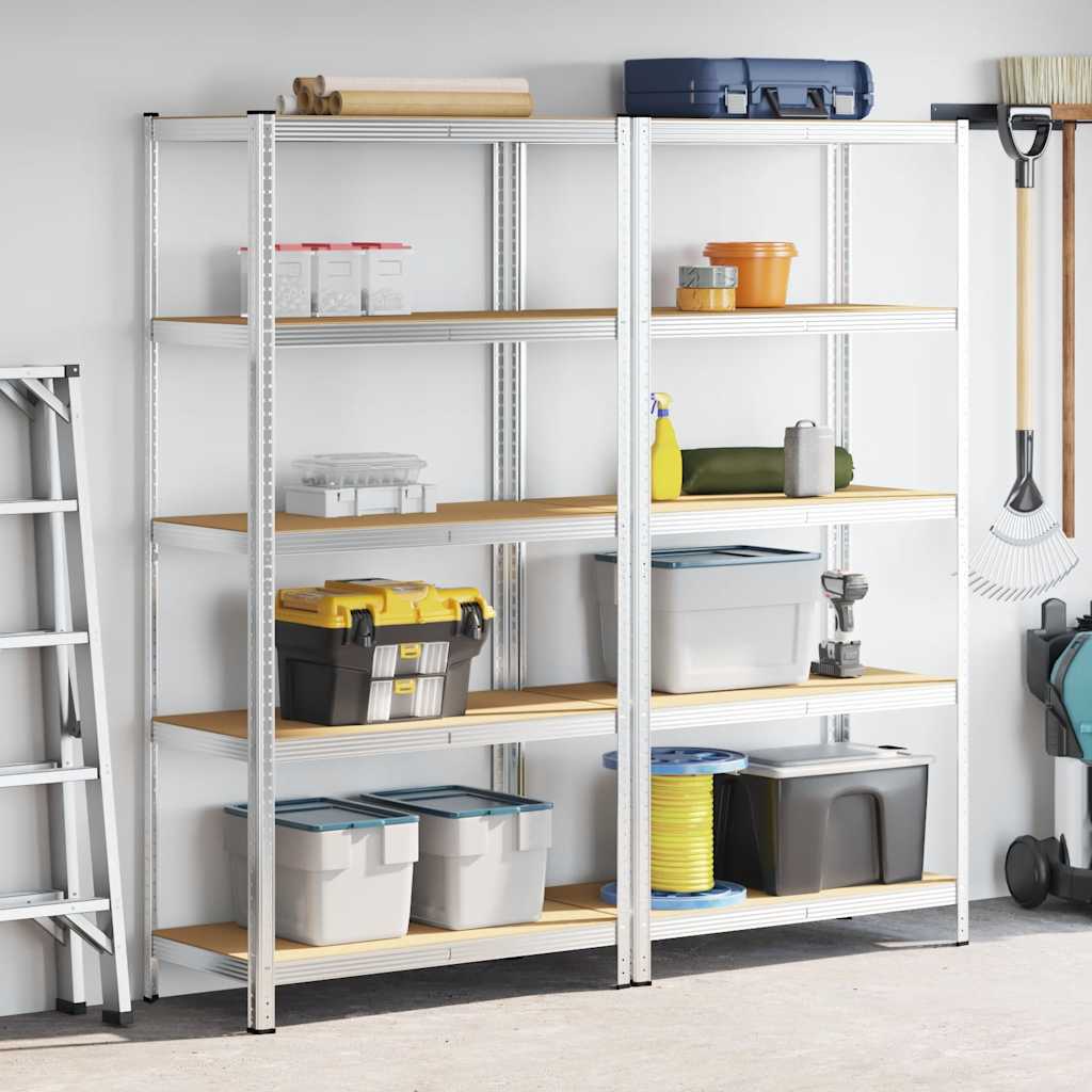 5-Layer Heavy-duty Shelves 2 pcs Silver Steel&Engineered Wood