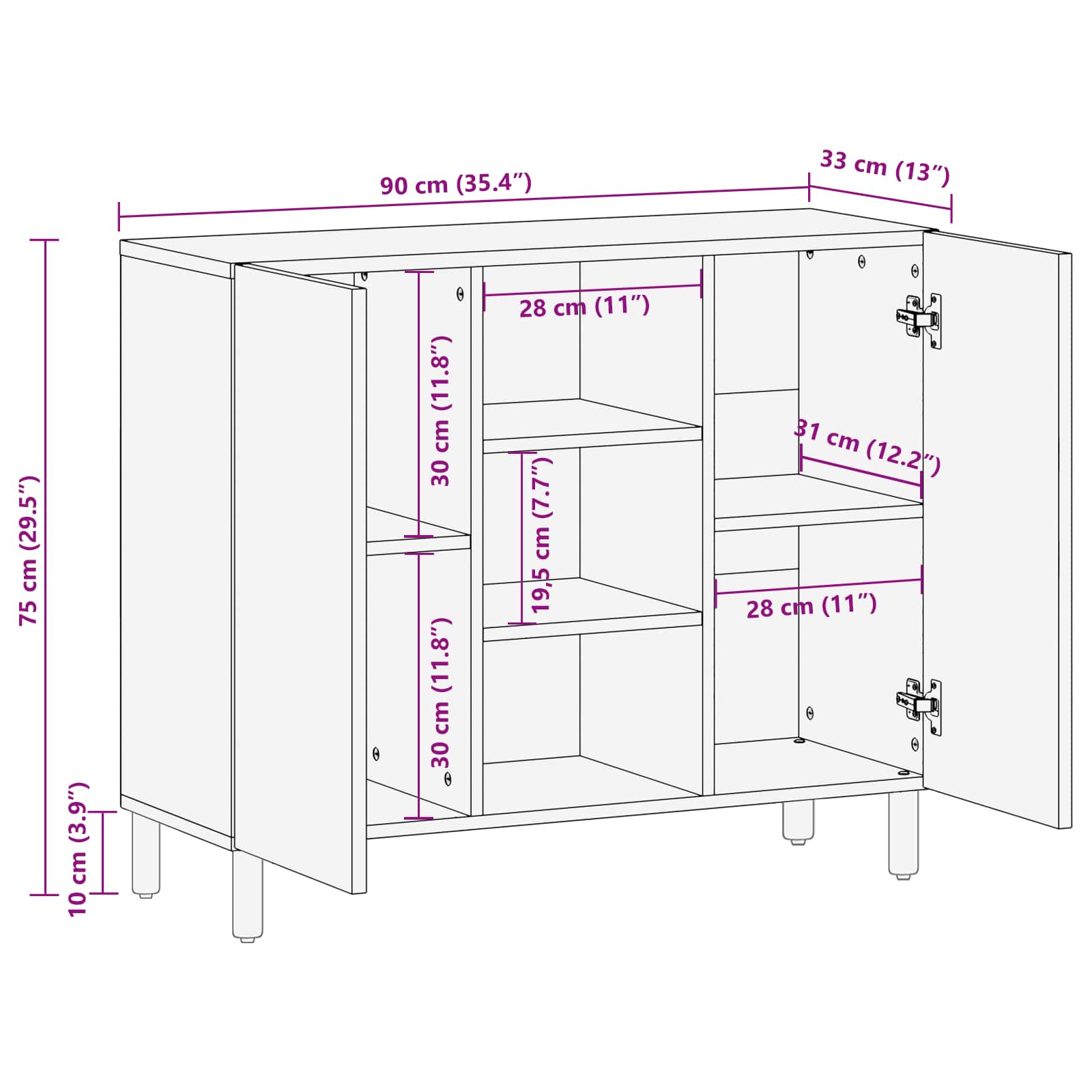 Sideboard White Wash Finish 90 x 33 x 75 cm Solid Mango Wood
