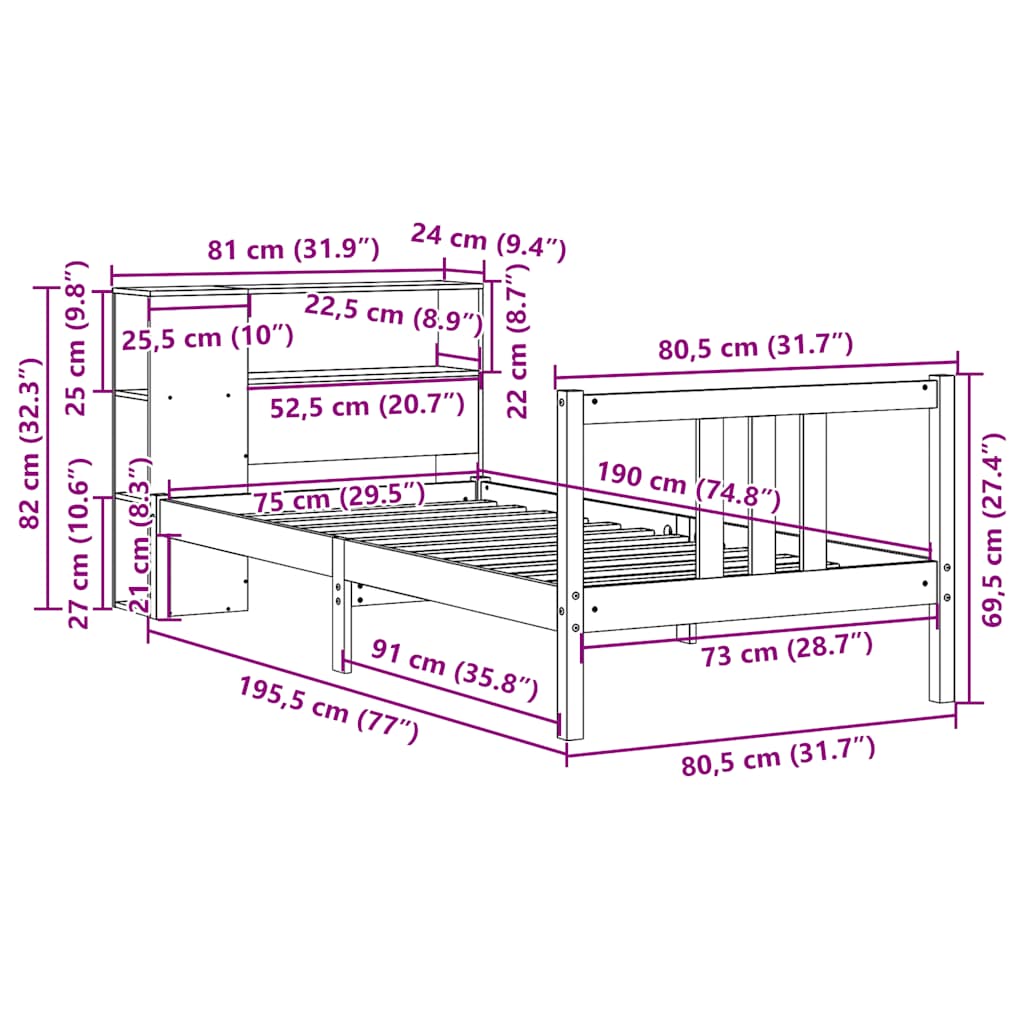 Bookcase Bed without Mattress 75x190cm Solid Wood Pine