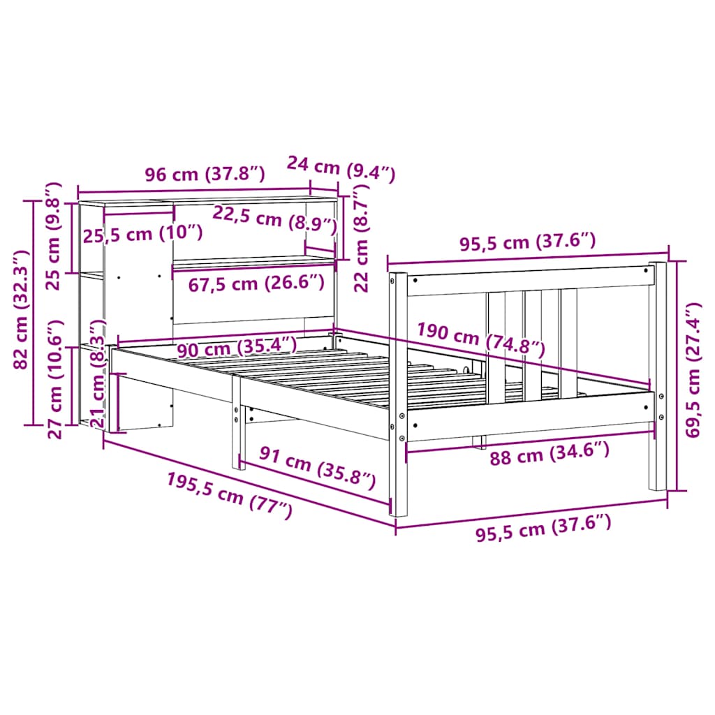 Bookcase Bed without Mattress 90x190cm Solid Wood Pine
