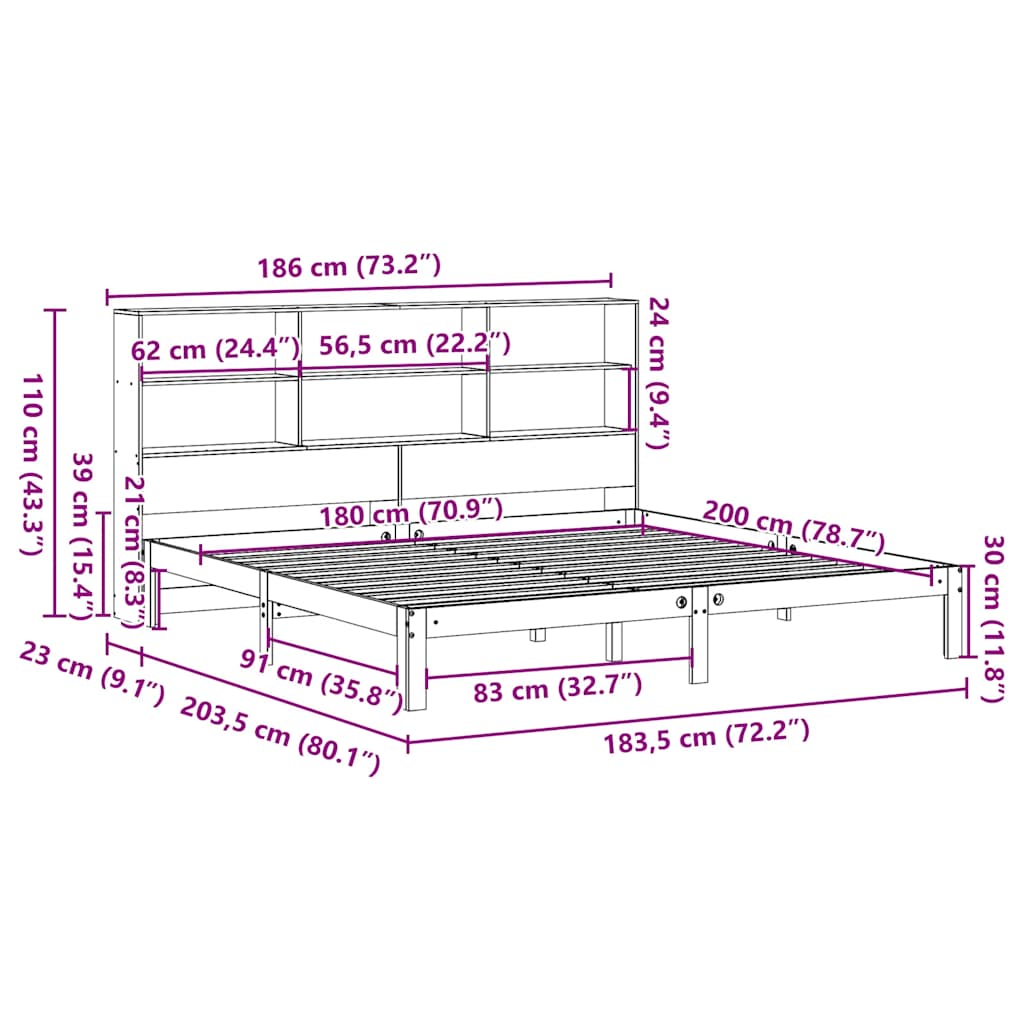 Bookcase Bed without Mattress Wax Brown 180x200 cm Super King Solid Wood Pine