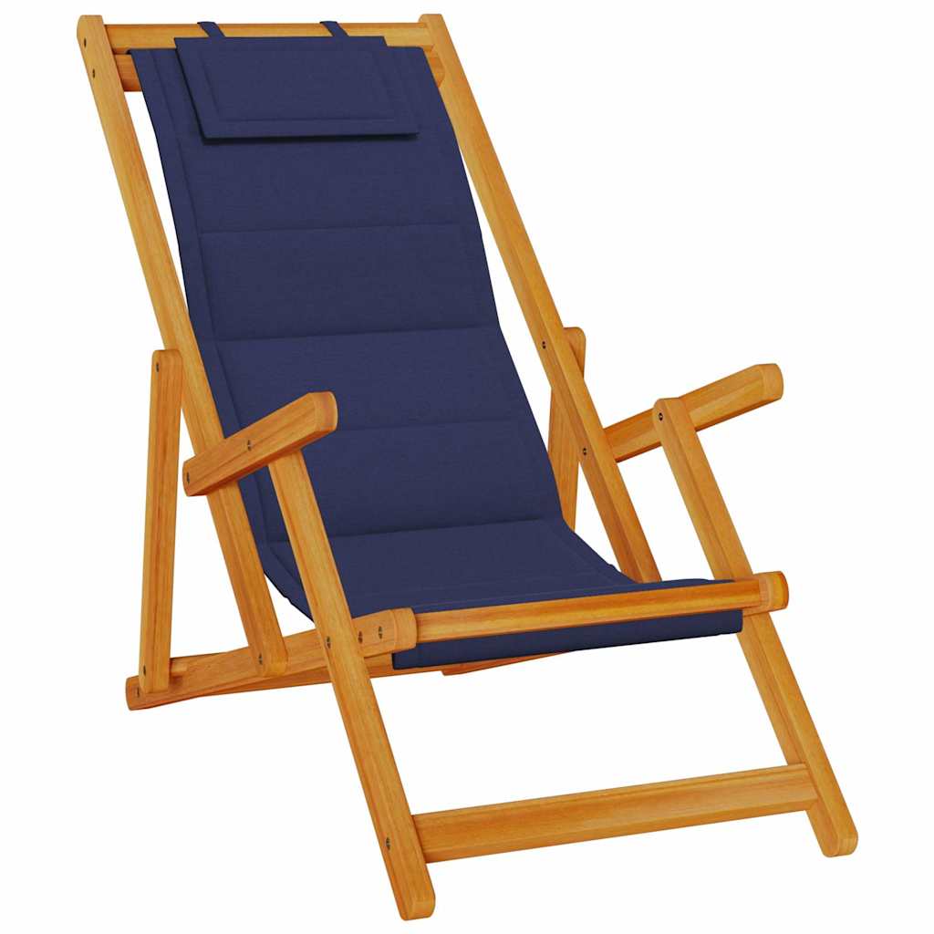 Folding Beach Chair with Armrests Blue Acacia Wood & Textilene
