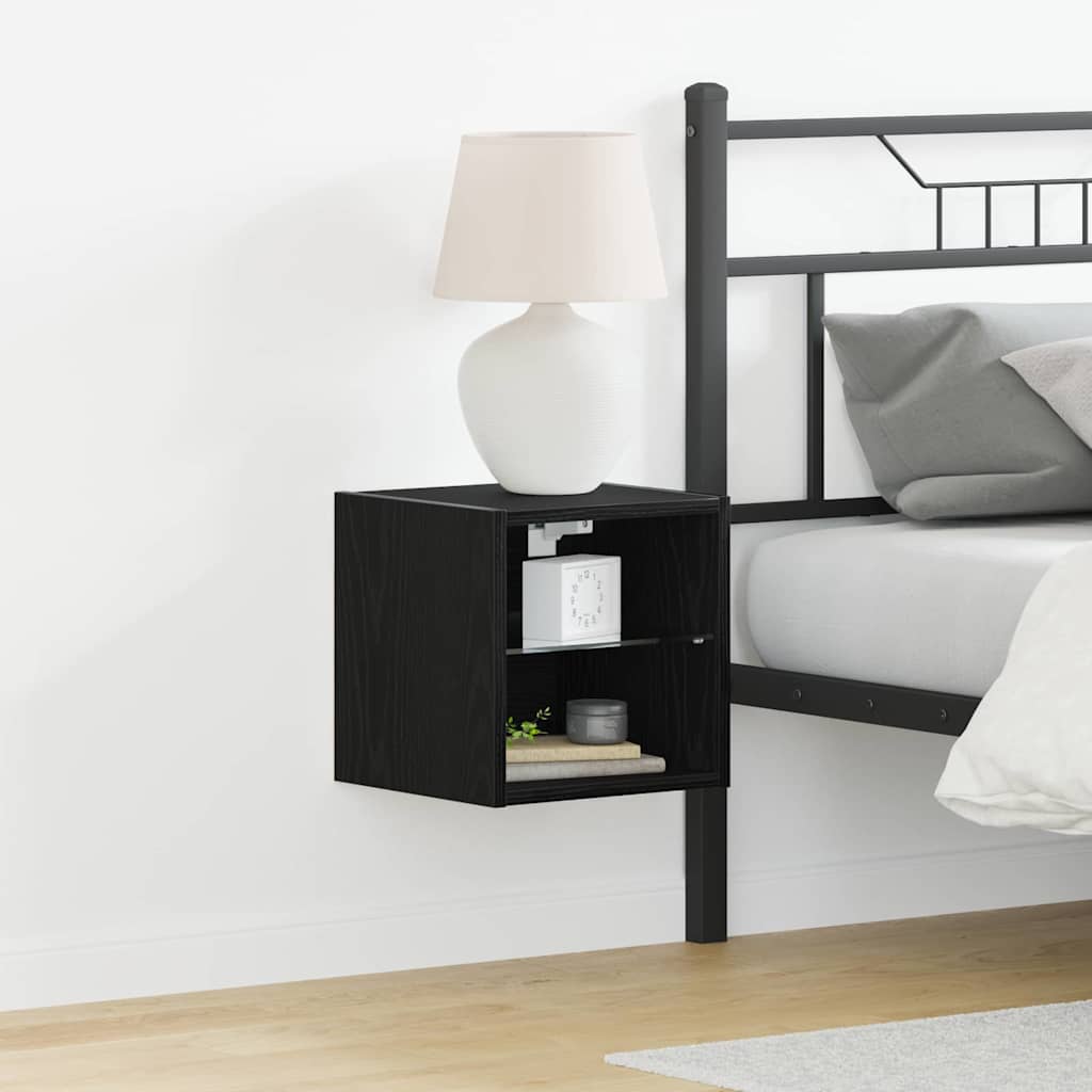 LED Wall Bedside Cabinet with Black Engineered Wood