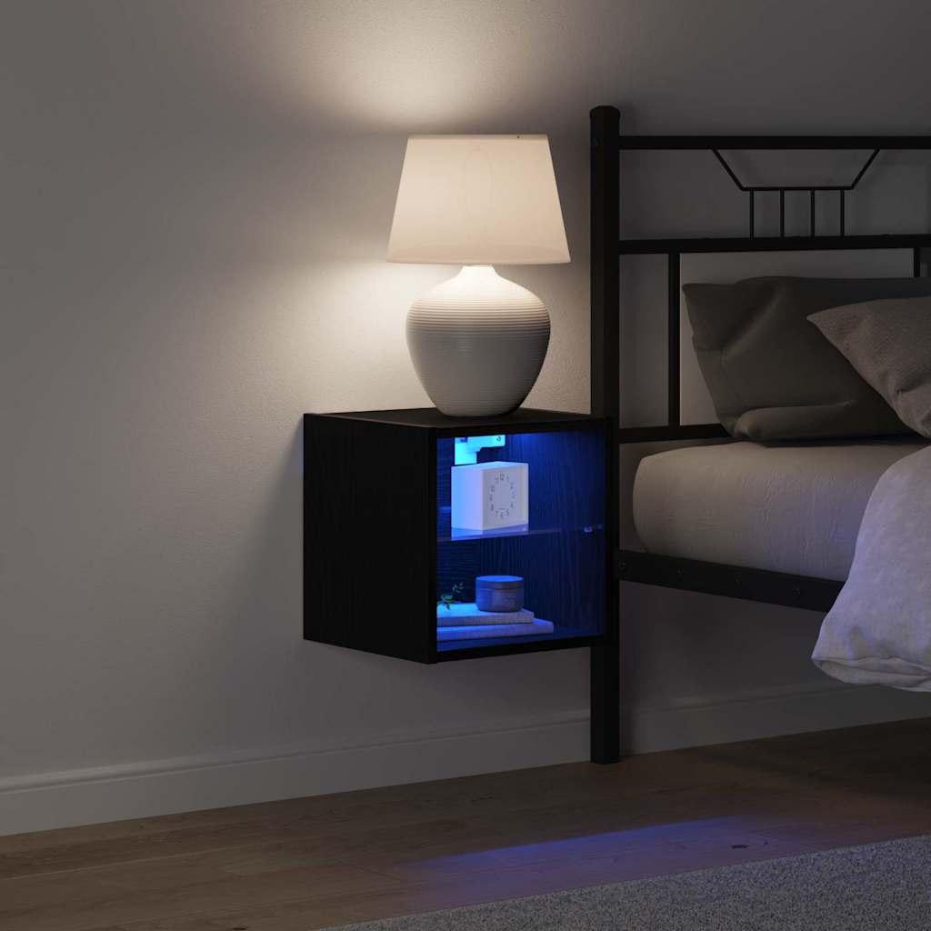 LED Wall Bedside Cabinet with Black Engineered Wood