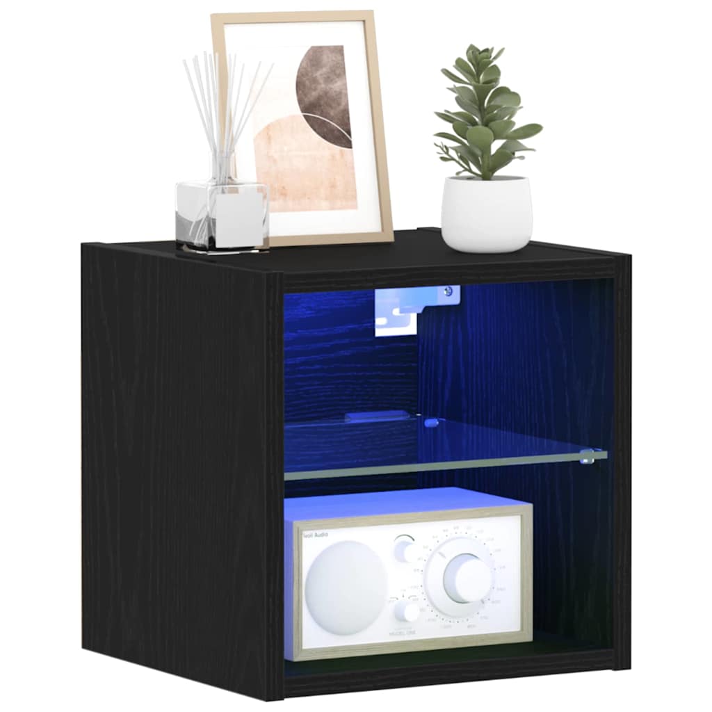 LED Wall Bedside Cabinet with Black Engineered Wood