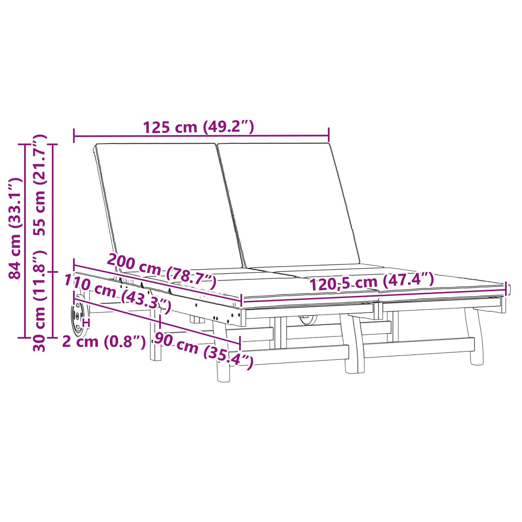 Sun Lounger Reclining Brown 125 x 200 x 84 cm Solid Acacia Wood