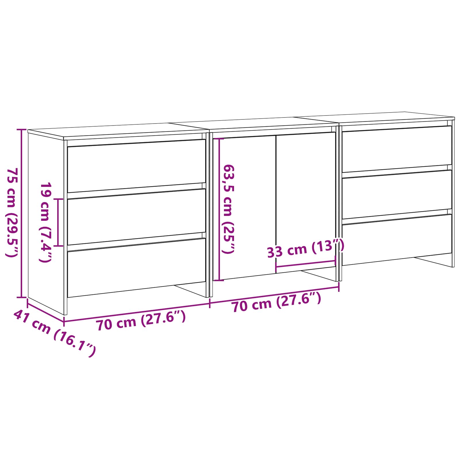 Sideboard 3 pcs Black 70 x 41 x 75 cm Engineered Wood