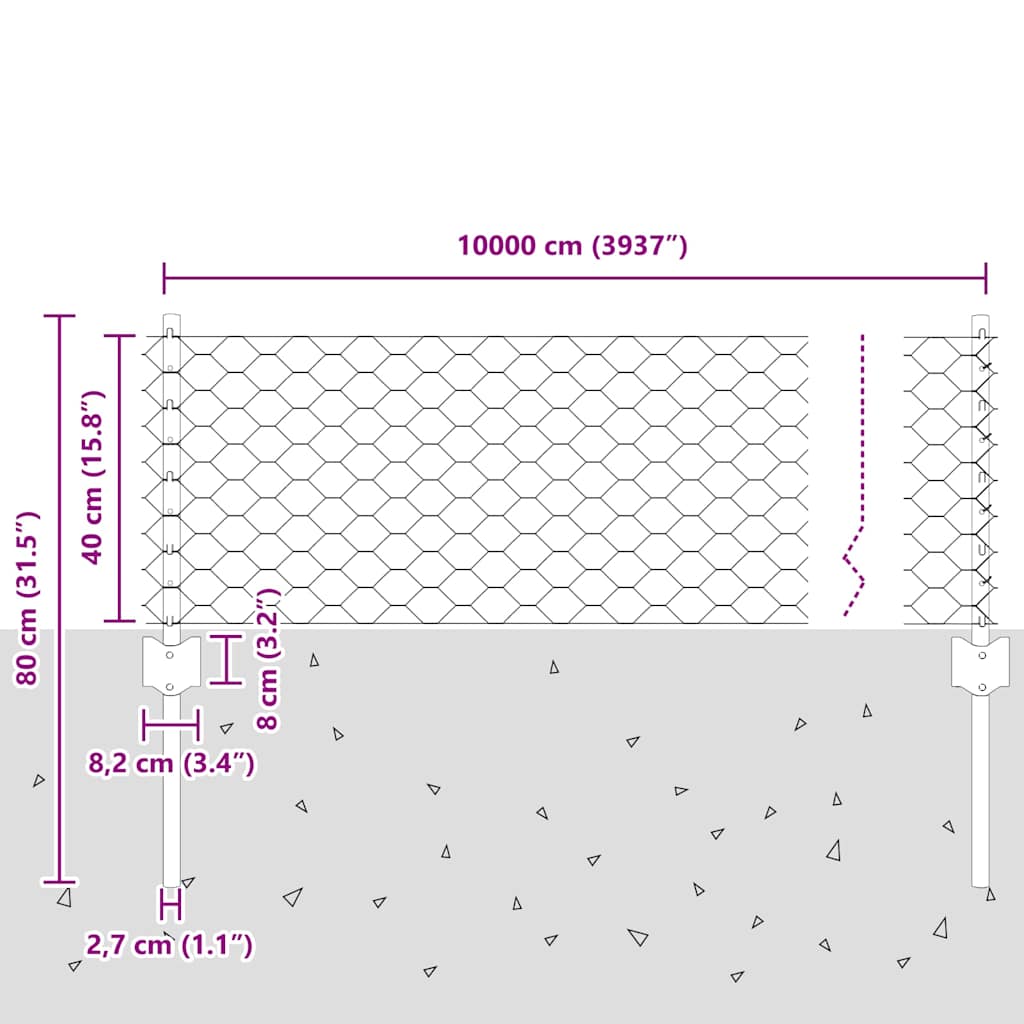 Fence with Post Silver 0.4 x 100 m Steel
