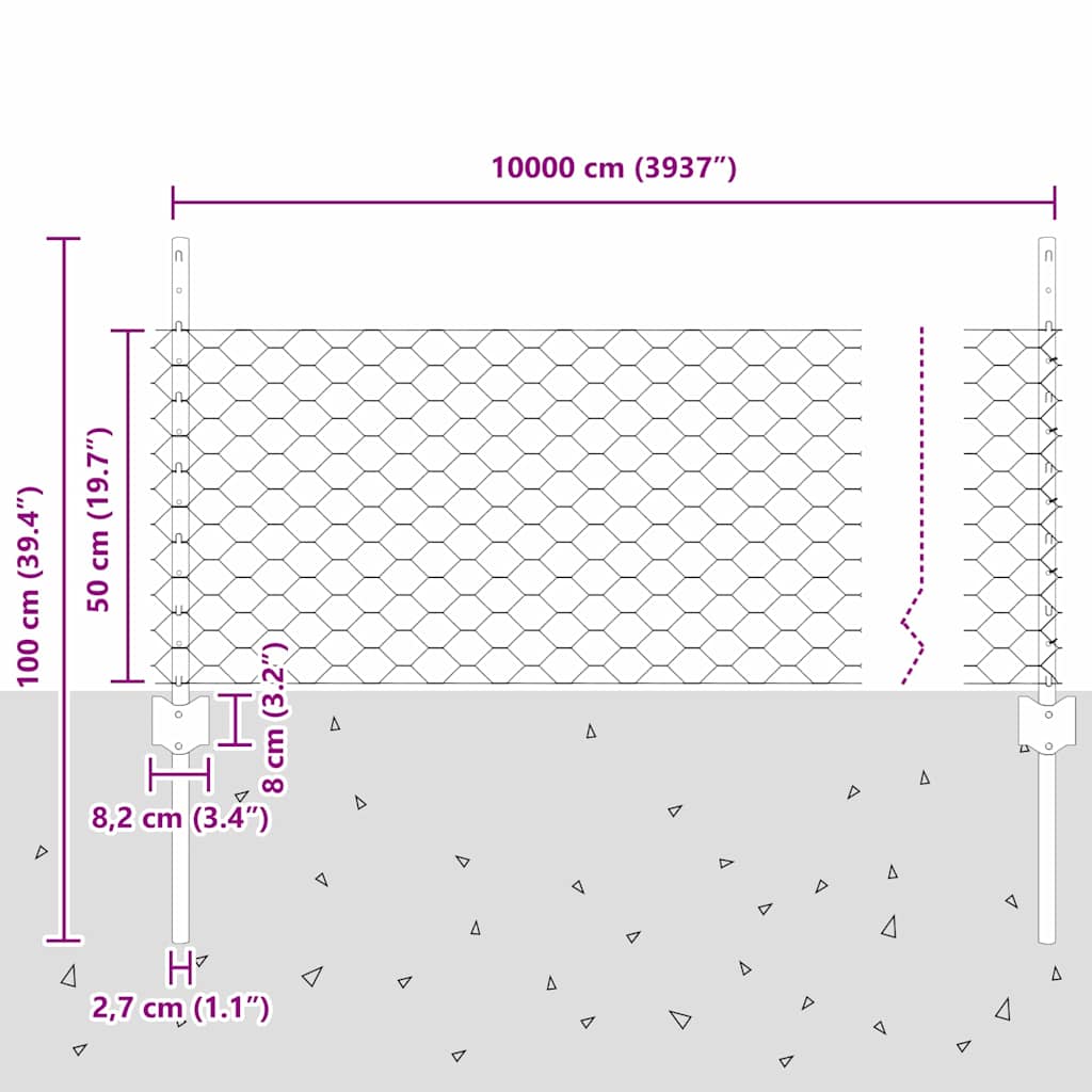 Fence with Post Silver 0.5 x 100 m Steel