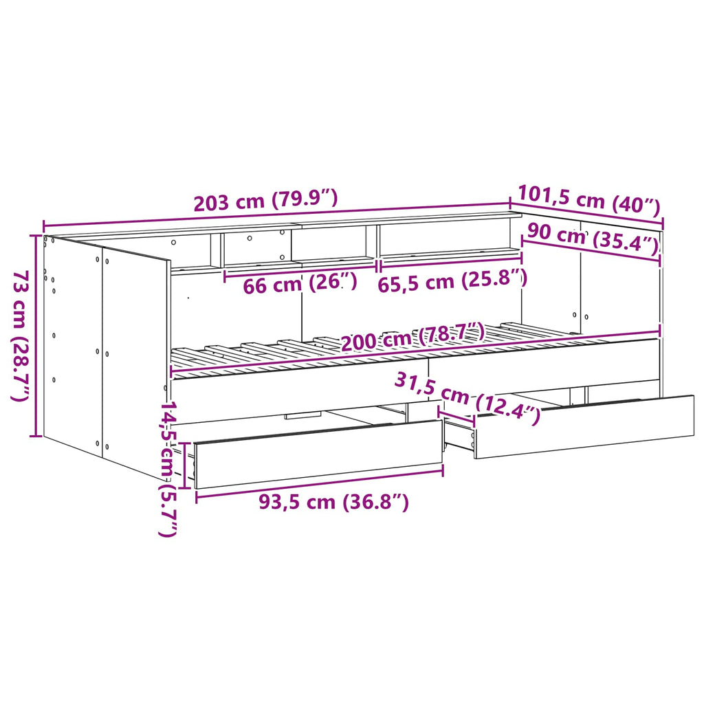Day Bed with Drawer Grey 90 x 200 cm Engineered Wood