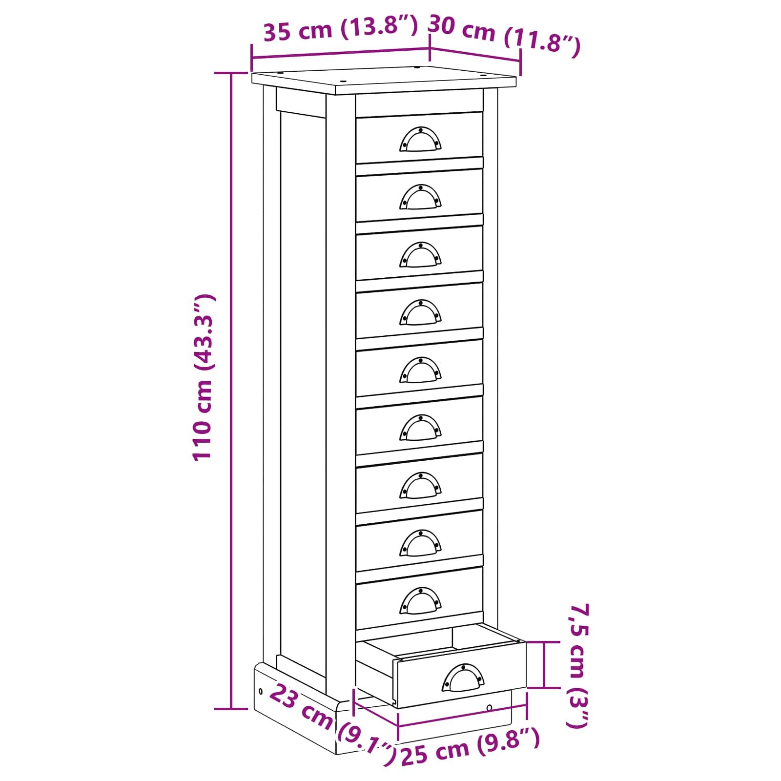 Chest of Drawers Brown 35 x 30 x 110 cm Solid Teak Wood