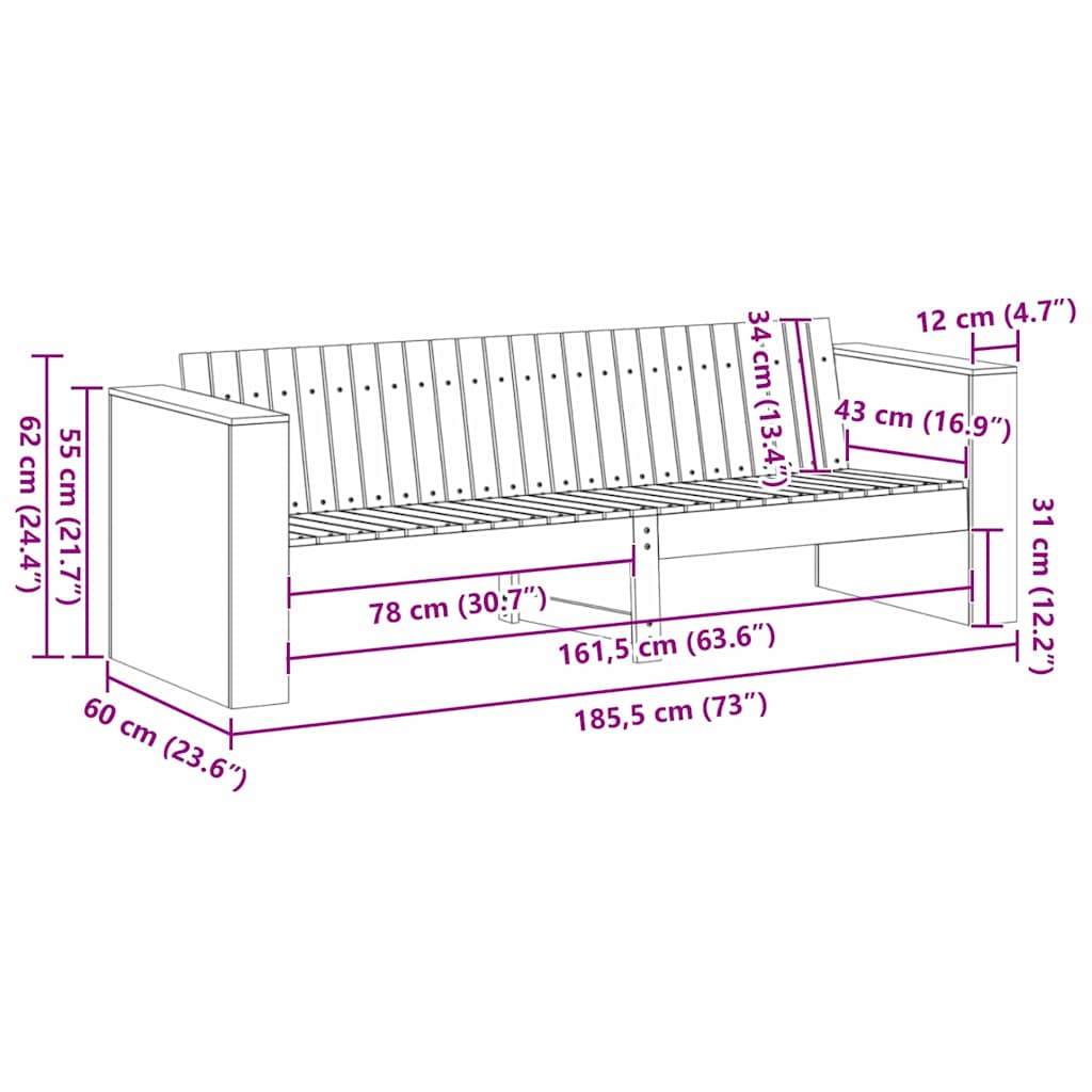 Garden Sofa White 185.5 x 60 x 62 cm Solid Pine Wood