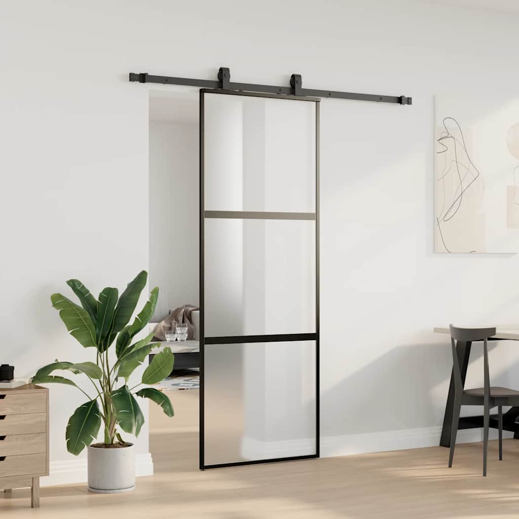 Sliding Door with Hardware Set Black 76x205 cm Tempered Glass