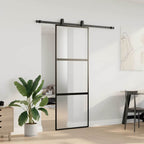 Sliding Door with Hardware Set Black 76x205 cm Tempered Glass