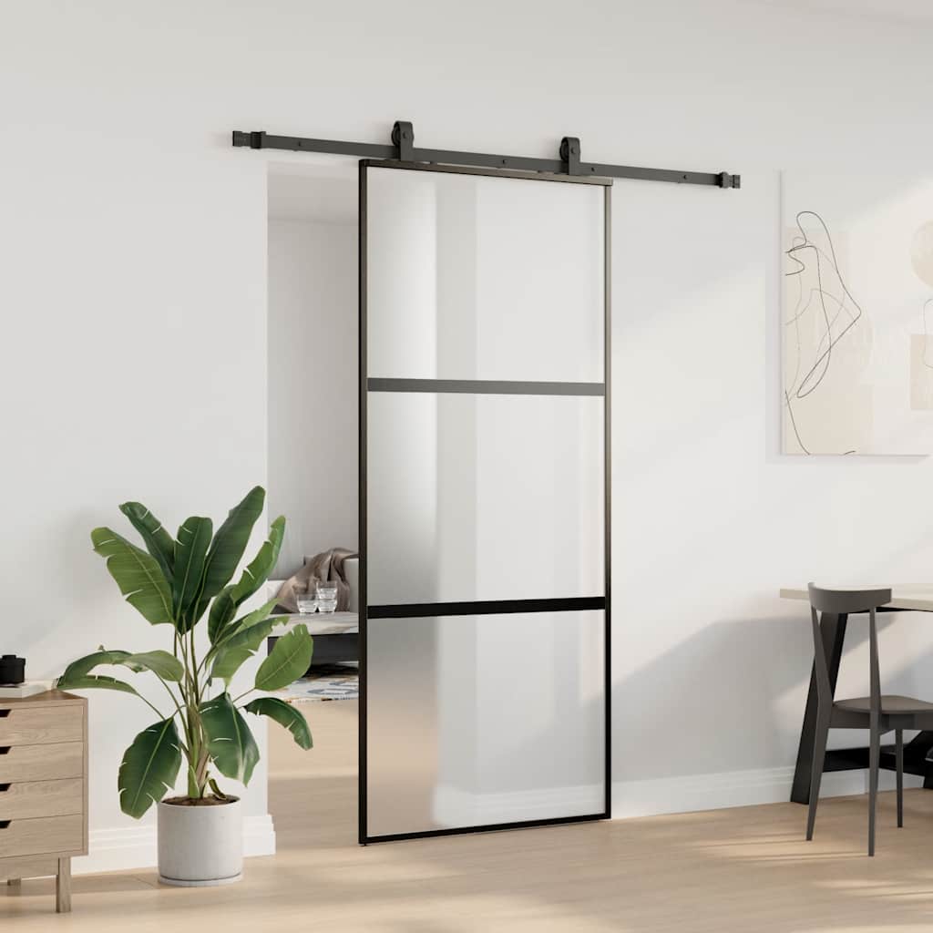 Sliding Door with Hardware Set Black 90x205 cm Tempered Glass