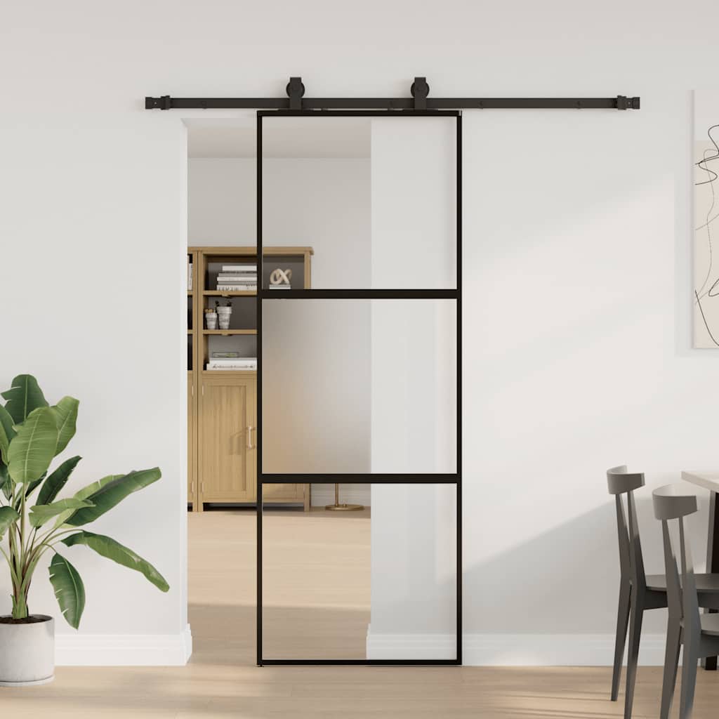 Sliding Door with Hardware Set Black 76x205 cm Tempered Glass