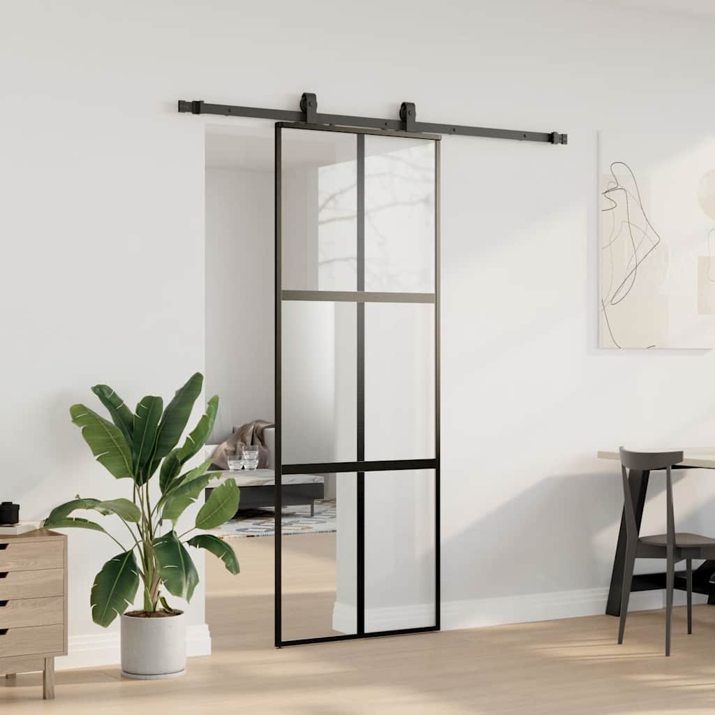 Sliding Door with Hardware Set Black 76x205 cm Tempered Glass