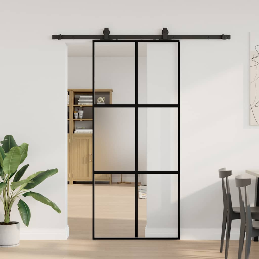 Sliding Door with Hardware Set Black 90x205 cm Tempered Glass