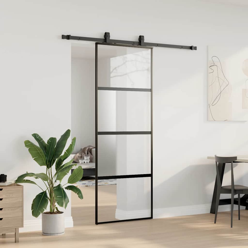 Sliding Door with Hardware Set Black 76x205 cm Tempered Glass